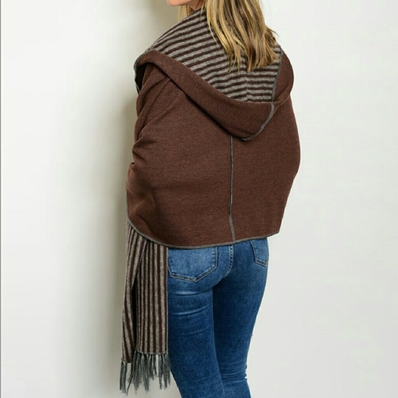Brown stripe hooded Poncho wrap shawl fringe - Picture 2 of 4