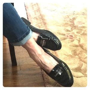 Navy Italian patent loafers/ gunmetal hardware.