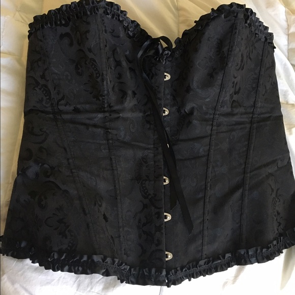 Black satin brocade corset with ribbon tie.