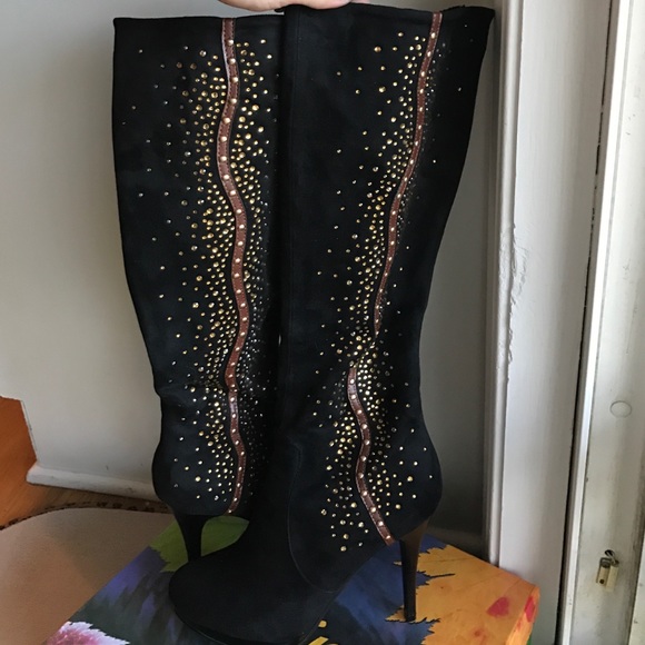 NWT Zara Black Suede Bedazzled Heel Boots