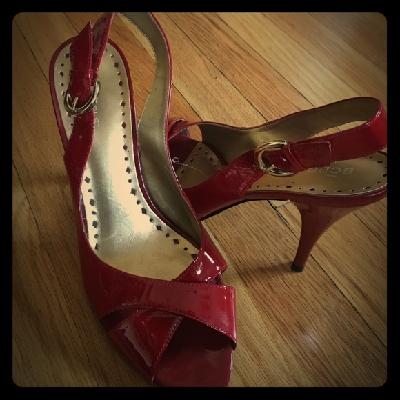 BCBG Girls red patent peep toe heels, size 10