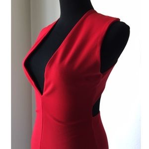 Red Bodycon Midi Dress With Low Cut V Open Back