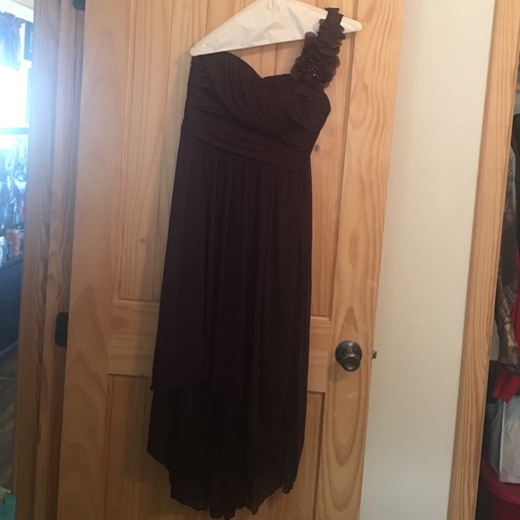 Plum bridesmaid one shoulder high low dress.