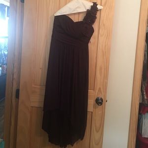 Plum bridesmaid one shoulder high low dress.