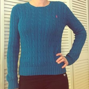Teal Ralph Lauren cable knit crew neck sweater.