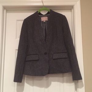 Grey pinstripe collarless blazer