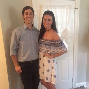 Blue and white off the shoulder dress