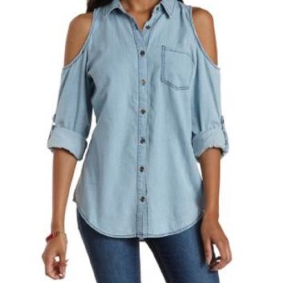 Off the shoulder denim button up blouse - Picture 3 of 3