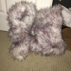 White furry boots with purple, gold and blue
