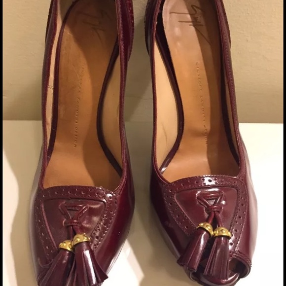 Giuseppe Zanotti burgundy peep-toe pumps.