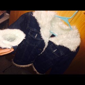 Warm white faux fur jean jacket.