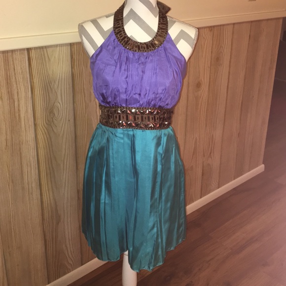 %100 Silk halter dress periwinkle/brown/turquoise