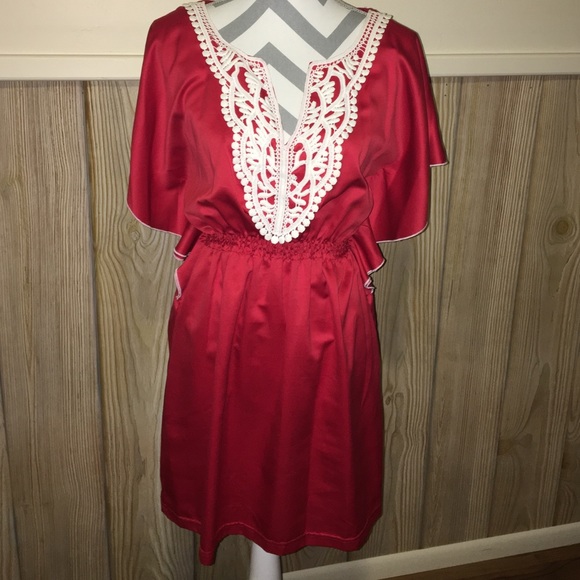 Red silk kimono sleeve dress (non-smoker!)