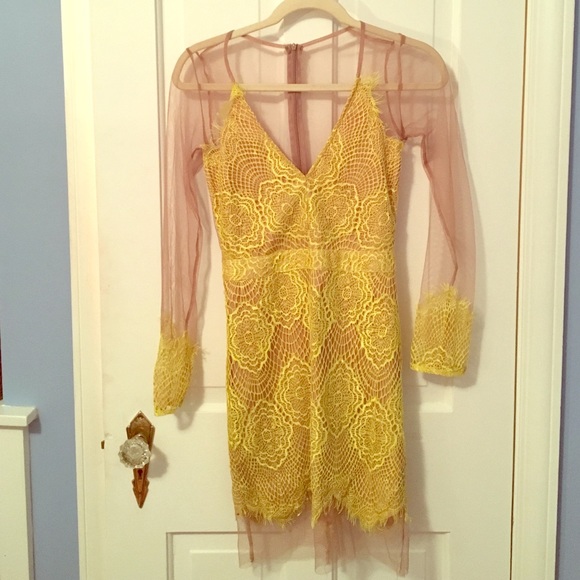 Yellow / Nude lace dress with mesh detail