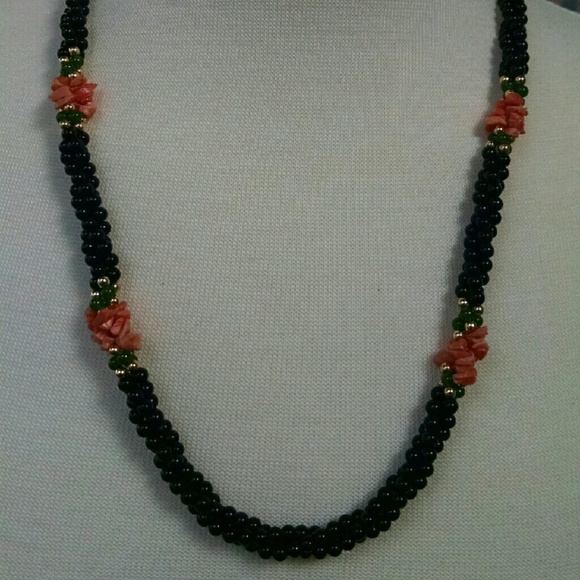 Vintage 24" Black Onyx, Coral, & Jade Necklace