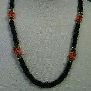 Vintage 24" Black Onyx, Coral, & Jade Necklace