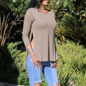 Mocha Side Slit LS Tee