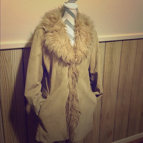 Camel suede coat, faux fur along neck & wrist