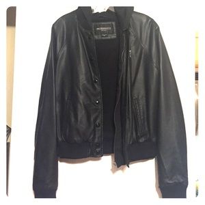 Black Obey Leather Jacket with Hood. Size Medium