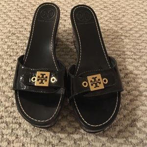 Tory Burch black patent leather wedge sandal