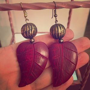 Brass metal and rustic red leaf shaped earrings