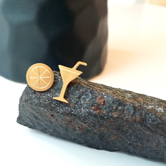 Gold Plated Martini Cocktail & Lemon Stud Earrings