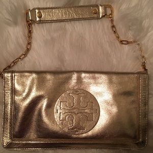 Gold Metallic Tory Burch Reva Clutch