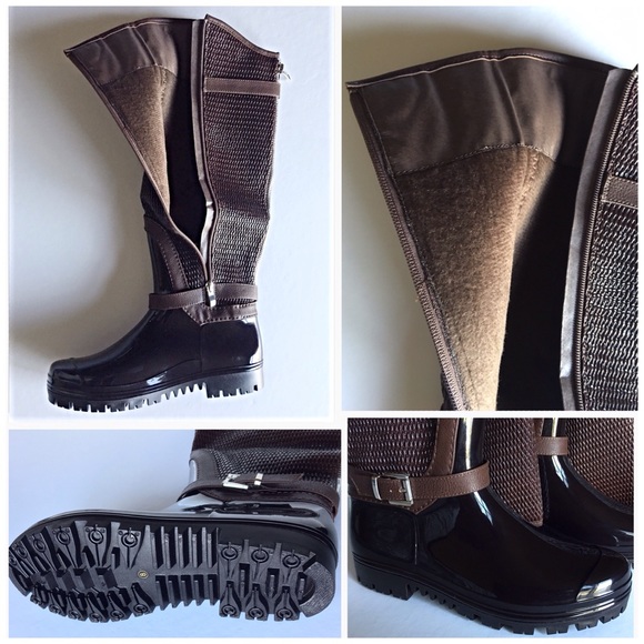 Cognac Brown Rainboots, Women's Knee High - Picture 2 of 4