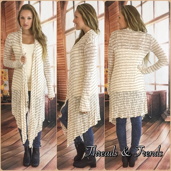 SOLD Cream Striped Jersey Knit Maxi Cardigan - Picture 2 of 3