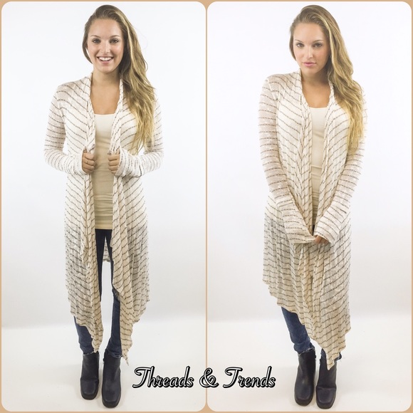 SOLD Cream Striped Jersey Knit Maxi Cardigan - Picture 3 of 3