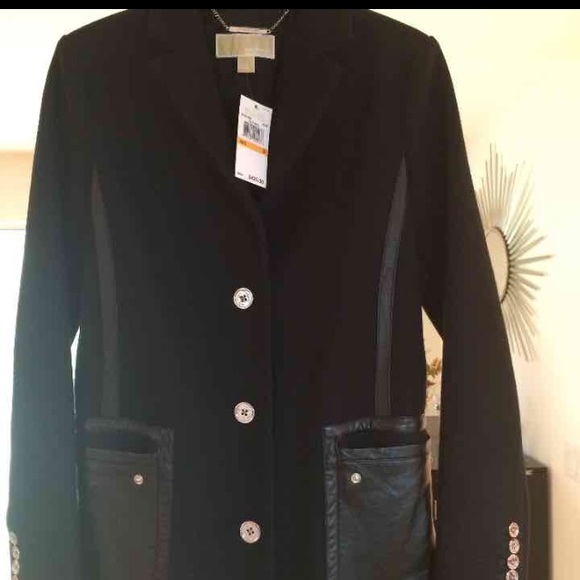 MICHAEL KORS Black wool coat w/ leather trim