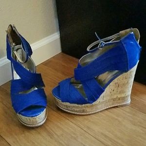 Blue strappy cork wedges