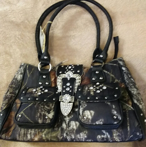 Handbags - Camouflage/ black rhinestone accented bag