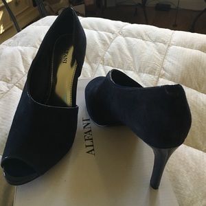 Navy blue suede peep toe heels