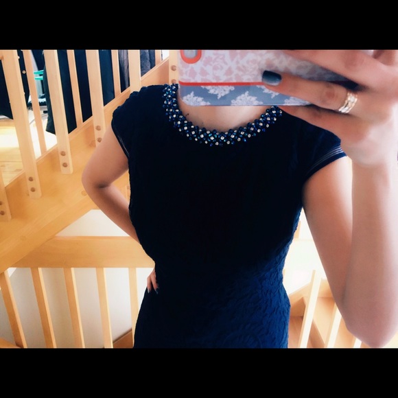 Adrianna Papell Navy Blue Fit & Flare Mesh Dress - Picture 3 of 4