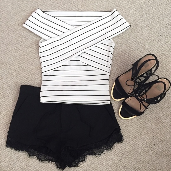 Zara black and white striped off shoulder top