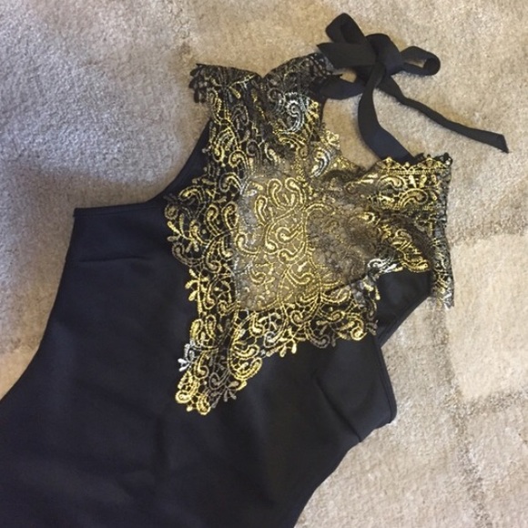 Gold lace / crochet mock neck bodysuit