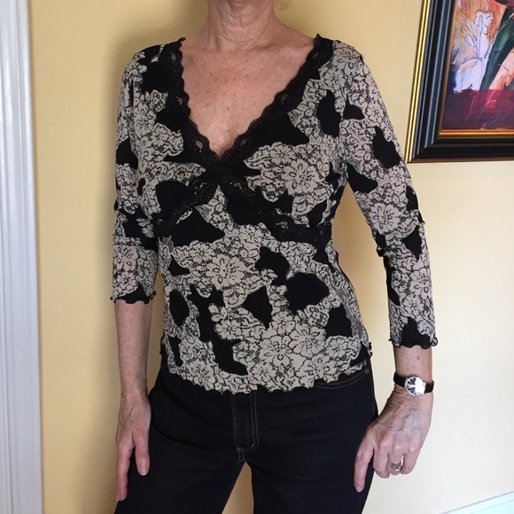INC stretch top with lace. Black and Tan. - Picture 1 of 4
