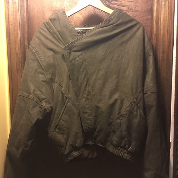 Men's leather green bomber jacket