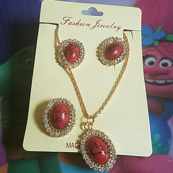 Faux Jasper Pave Crystal Three Pc Jewelry Set NWT - Picture 1 of 4