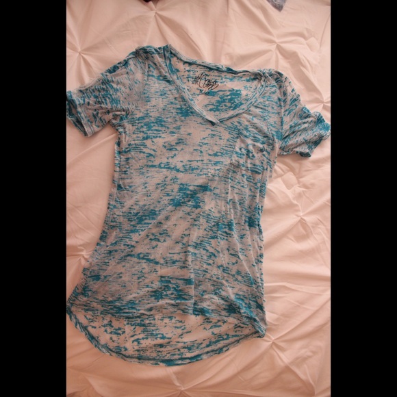 Neon Blue and White Sheer Short Sleeve V-Neck - Picture 2 of 3