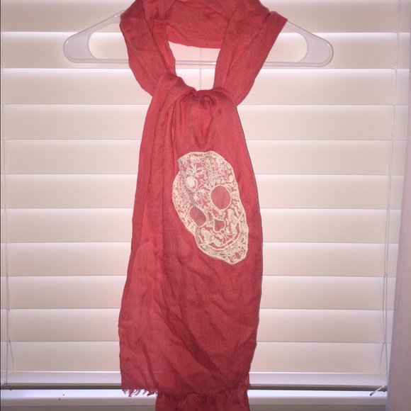 Coral Scarf with White Lace Skull