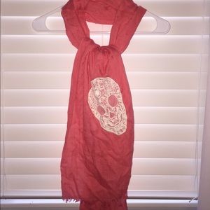Coral Scarf with White Lace Skull