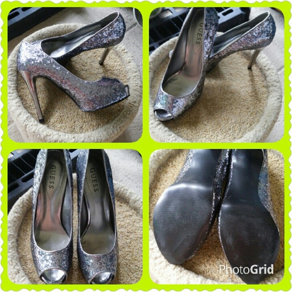 ⭐ Guess Silver Glittered PeepToes - Picture 2 of 2