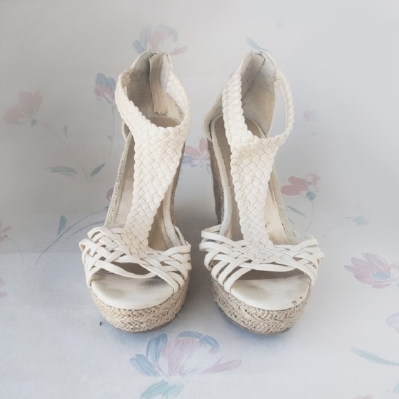 Cream Braided Strap Sandal Wedge Heels