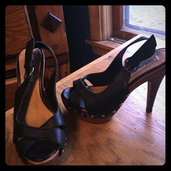 Steve Madden black leather, and wood heels
