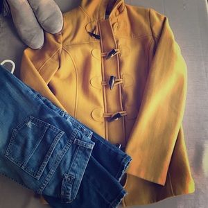 Mustard yellow hooded, zipper front pea coat