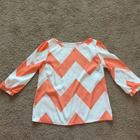 Coral-orange & white chevron long-sleeved blouse