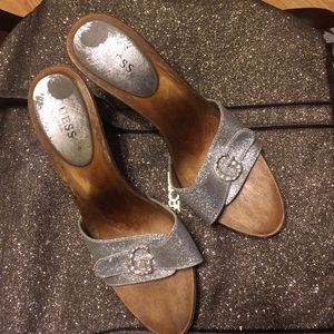 Silver wood heels 40 GUESS rhinestone sandals sz9