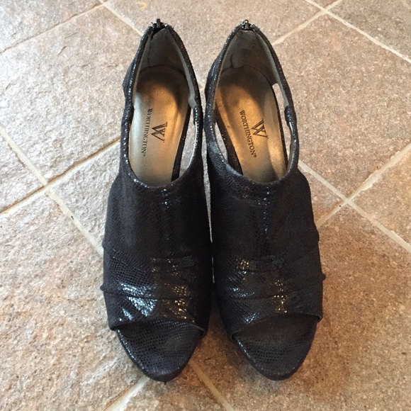 Black shimmer open toe booties